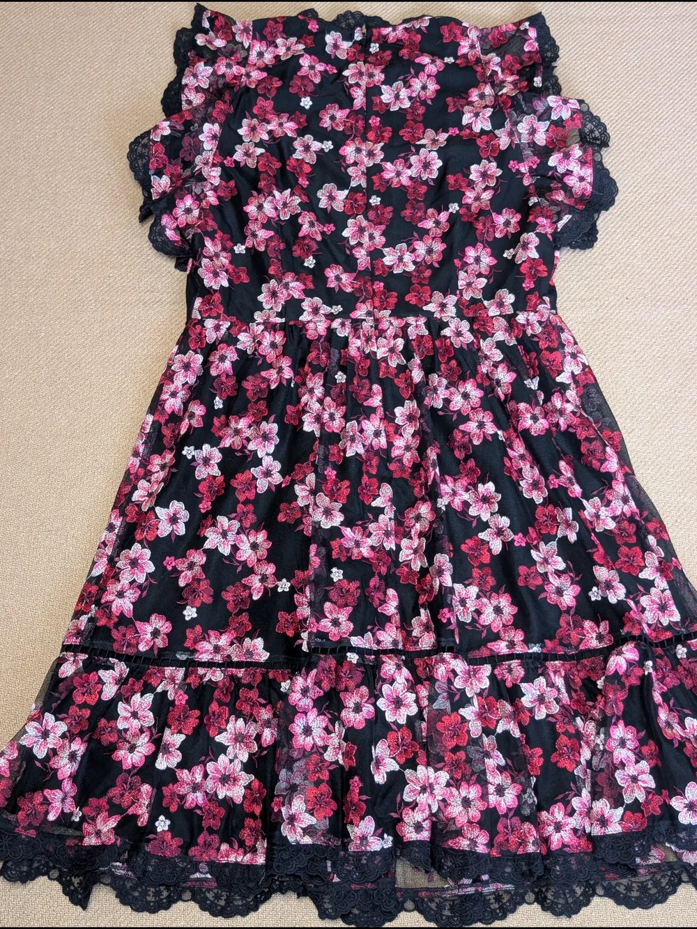 Kate Spade Black and Pink Floral Embroidered Tulle Flutter Sleeve Mini Dress